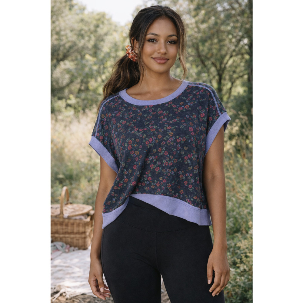 New Natural Life Cut It Out Tee L Charcoal Floral Open Back Cotton Top